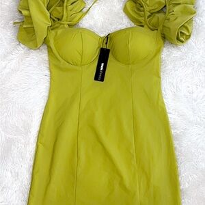Fashion Nova Green and Yellow Ruffled Bodycon Dress